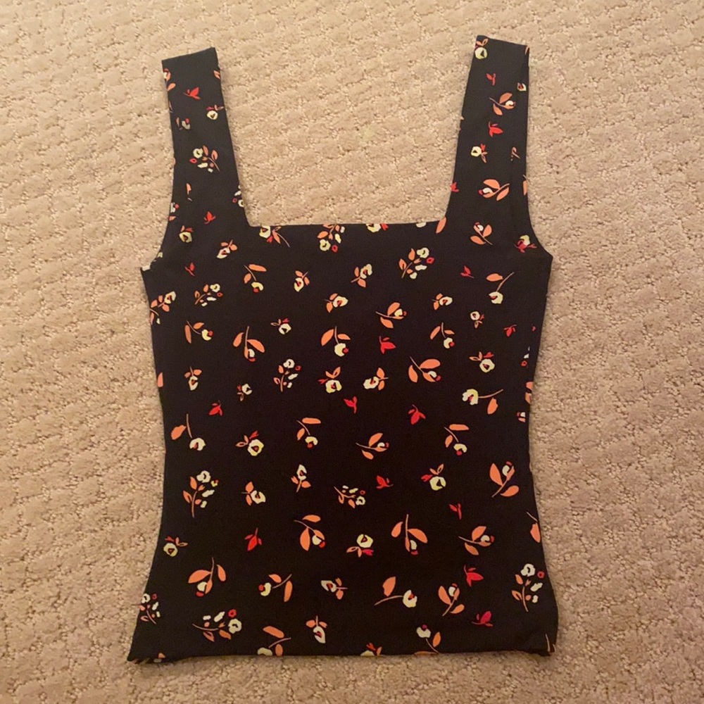 wide strap black floral tank top